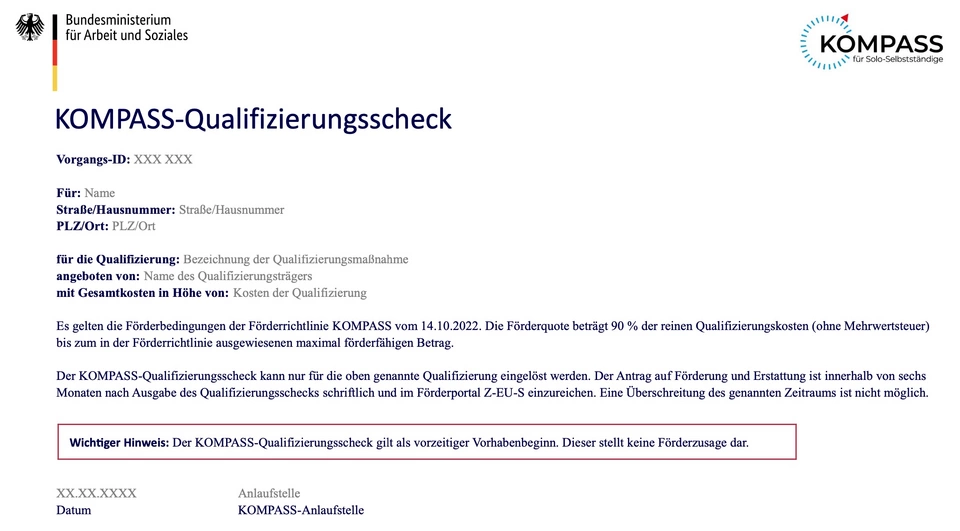 Beispiel für einen Qualifizierungsscheck für eine Kompass-geförderte Weiterbildung